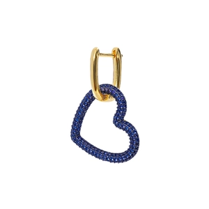 Detail of s925 heart earrings with micro-pave blue stones and gold-plated finish
