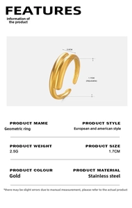 Detailed view of 18K gold plated stainless steel geometric ring with 0.6cm width
