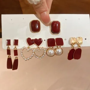 Vintage Elegant Wine Red Enamel Heart Square Stud Earrings With Faux Artificial Pearl And Silver Earring Post Women Jewelry