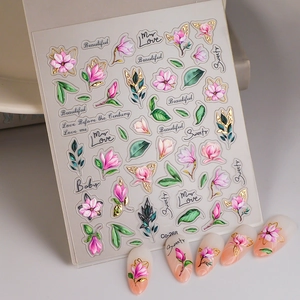 Detail of floral nail sticker Co-268 with gold foil outlines and elegant pink flowers