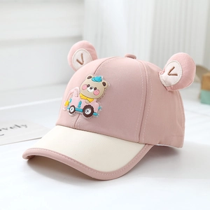 Detail of baby bear driving a pink car patch on kids baseball cap with 3D ears