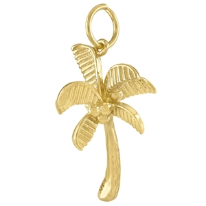 Close-up of golden palm tree pendant with textured metallic finish on white background