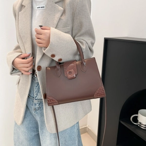 Fashionable dark brown crocodile-embossed crossbody bag with top handles for women