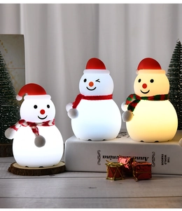 Snowman night light showing cold white and warm yellow LED modes with festive decor