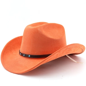 Detail of orange suede cowboy hat with brown leather band and turquoise studs