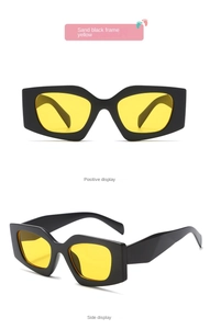 Detail view of matte black kids sunglasses with yellow lenses showing front and side views