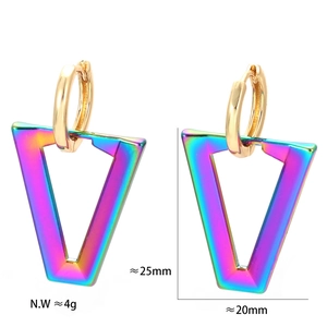 Rainbow gradient V-shaped earrings with gold metal hoops measuring 25mm in height