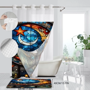 Detail of stained glass moon shower curtain with waffle texture and matching 40x60cm mat