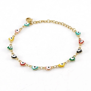 Golden stainless steel bracelet with colorful heart-shaped evil eye charms on white base