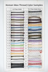 Detail view of Korean waxed cord color samples in 2.0mm, 3.5mm, and 6.0mm flat ribbon styles
