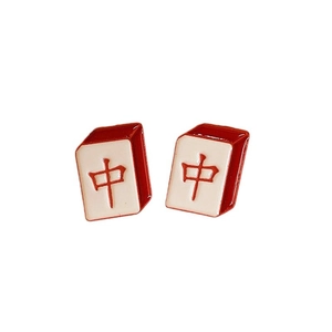 Festive red Mahjong tile stud earrings in polished enamel for Chinese New Year styling