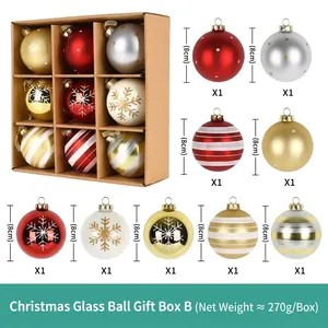 Set of 9 hand-painted Christmas glass balls 8cm with snowflakes and glitter patterns