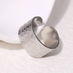 Classic silver stainless steel wide open ring with textured honeycomb mesh pattern