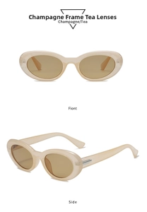 Detail of champagne cat-eye sunglasses with tea lenses and metallic temple accents