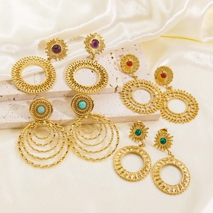Bohemian gold titanium steel earrings with natural stones on elegant stone and silk