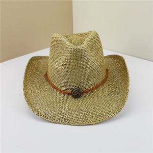 Hollow out breathable straw cowboy hat with brown rope and embossed buckle detail