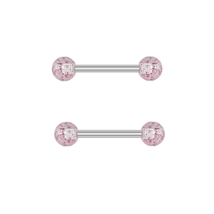 Detailed close-up of pink glitter balls on silver surgical steel nipple rings piercing