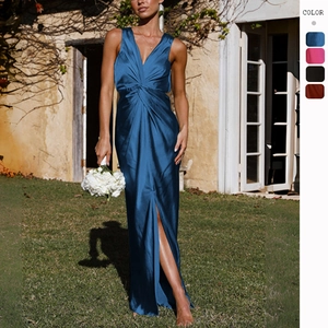 Robe Maxi Sexy En Satin À Col En V Profond Sans Manches Dos Nu Élégante Taille Nouée Fente Latérale Soirée