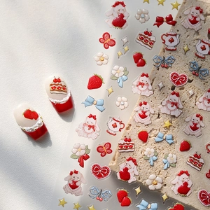Stickers ongles mats avec motifs lapins et fraises, effet relief 3D pour décor de manucure