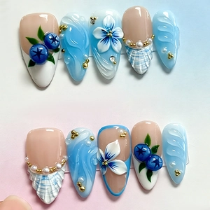 Blue French Press On Nails With 3D Blueberry Flower Relief And Faux Artificial Pearls Long Almond Shape For Women
