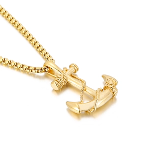 Mens gold anchor cross pendant necklace with rope detail in polished stainless steel