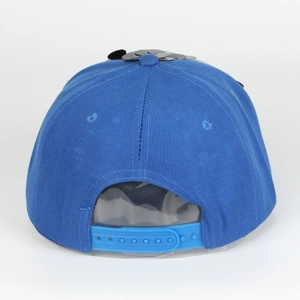 Detail view of blue hip hop cap featuring black sequin ears and adjustable snapback closure