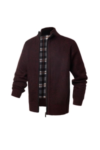 Detail of burgundy stand collar cardigan with warm fleece lining and sturdy zipper