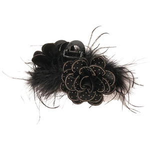 Black acrylic hair claw with camellia flower, soft feathers and sparkling rhinestones