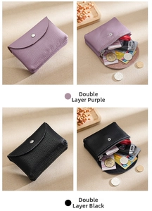 Detail view of purple and black leather coin purses with dual-layer storage for cards and keys
