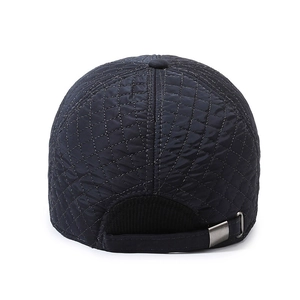 Rear view of men's quilted winter baseball cap with ear protection and metal buckle