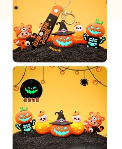 Detailed view of luminous Halloween ghost and pumpkin keychains with glow-in-the-dark effect