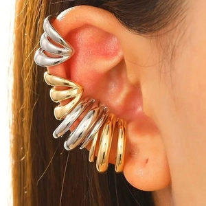 Minimalist multi-layer metallic ear cuffs in gold and silver finish for non-pierced ears