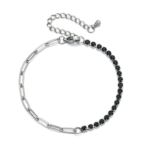 Detail of 3mm black zircon tennis bracelet with stainless steel paperclip chain links
