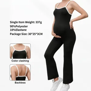 Maternity Jumpsuit Spaghetti Straps Contrast Trim Backless Flare Leg High Elasticity Slimming For Pregnant Women