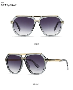 Front and side view of modern retro aviator sunglasses with gradient grey lenses