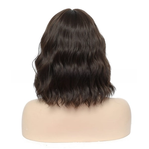 Rear view of deep brown water wave bob wig with natural loose curly texture