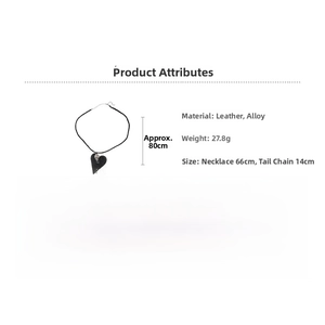 Detailed size chart showing 66cm leather heart pendant necklace dimensions and weight