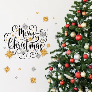 Self-adhesive Merry Christmas wall decal with stars and elegant black artistic lettering