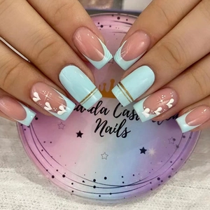 Blue French Press On Nails With Gold Foil Heart Patterns Elegant Nude Pink Fake Nails For Women Valentine Day Manicure