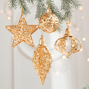 Christmas Tree Hanging Ornaments Gold Hollow Carved Plastic Baubles Star Ball For Holiday Party Decor Baroque Style