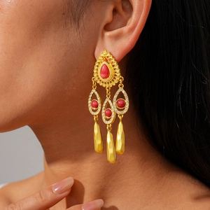 Boucles D'oreilles Pendantes Goutte D'eau Style Cour Vintage Résine Strass Creux Longue Frange Avec Tige En Argent
