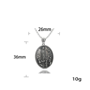 Silver oval stainless steel religious pendant with measurements 36mm by 26mm and 10g weight