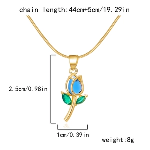 Detailed measurement view of a tulip pendant necklace with blue and green crystals
