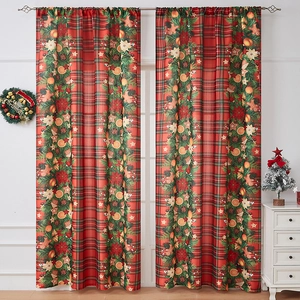 Christmas Plaid Window Curtains Red Tartan Snowflake Printed Light Filtering Rod Pocket Drapes For Living Room Bedroom