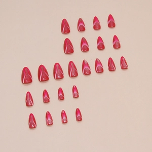 Almond shaped press-on nails with pink gradient flame patterns and silver glitter accents