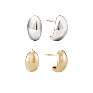Polished stainless steel oval stud earrings in silver and gold high-shine finishes