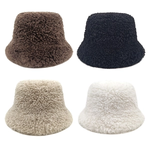 Bob En Peau Mouton Pour Femmes Chapeau Hiver Chaud Peluche Fausse Fourrure Couleur Unie Décontracté Protection Solaire