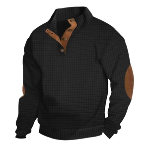 Men's black waffle knit long sleeve henley with stylish brown leather elbow patches