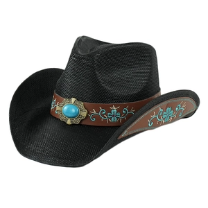 Classic black straw cowboy hat with turquoise leather band and floral embroidery