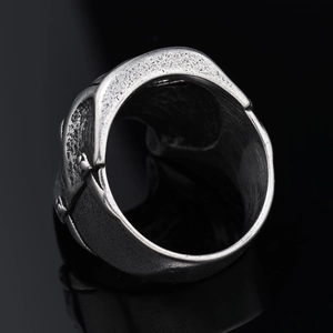 Retro stainless steel mask ring for men with vintage silver finish and industrial texture